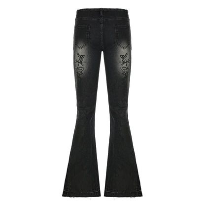 CIBBAR Streetwear y2k Flare Jeans Distressed 2000s Floral Print Low Rise Slim Denim Pants Korean Women Trousers Retro Mom Jeans SS69