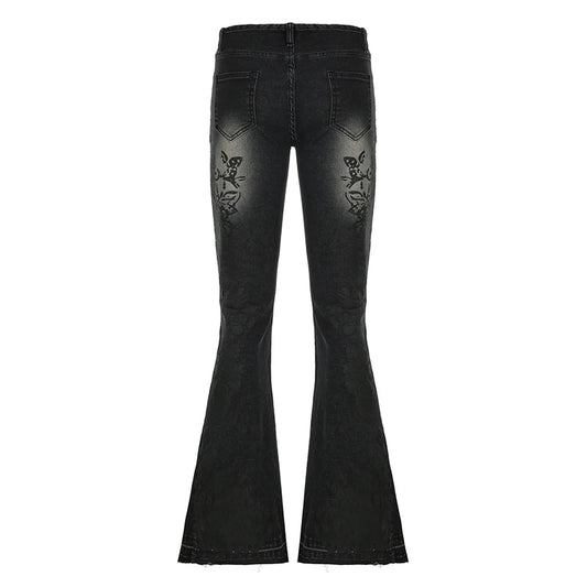 CIBBAR Streetwear y2k Flare Jeans Distressed 2000s Floral Print Low Rise Slim Denim Pants Korean Women Trousers Retro Mom Jeans SS69