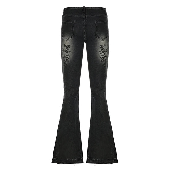 CIBBAR Streetwear y2k Flare Jeans Distressed 2000s Floral Print Low Rise Slim Denim Pants Korean Women Trousers Retro Mom Jeans SS69