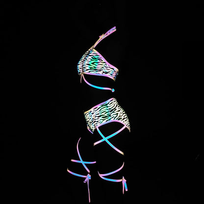 Harajuku Fashion Women Colorful Reflective Set Bandage Shorts+Bra+Crop Top Techwear Clothing Conjuntos Curtos SS69