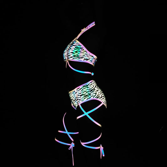 Harajuku Fashion Women Colorful Reflective Set Bandage Shorts+Bra+Crop Top Techwear Clothing Conjuntos Curtos SS69