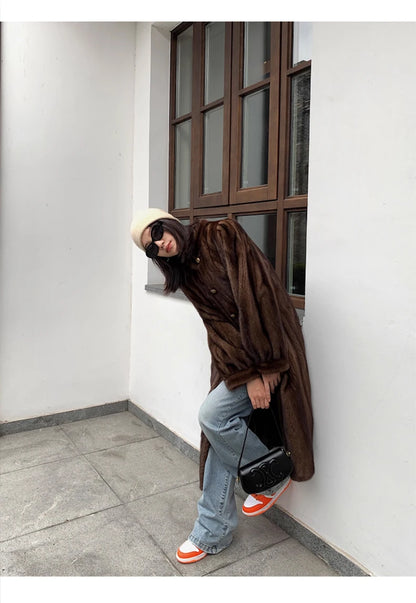 Lautaro Winter Long Brown Thick Warm Soft Faux Mink Fur Coat Women Puff Sleeve Elegant Luxury Chic Fluffy Furry Overcoat 2023