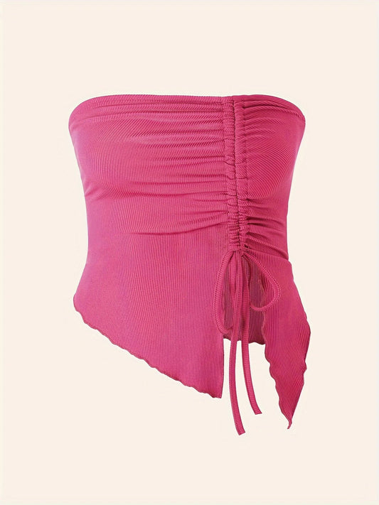 Spring and Summer New Drawstring Red Valentine's Day Party Ins Style Young Slit Asymmetrical Slim Off-Shoulder One-Shoulder Sexy Women's Top Wrapped Chest Vest SS69 10.69 Rose Red / XS