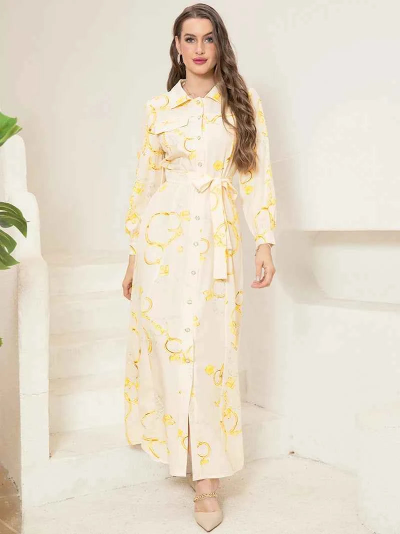 Elegant Long Shirt-Sleeve Dress with Chain Print Design, Belt & Pocket - Sophisticated Collared Neck, Button Details