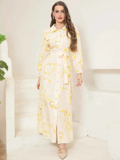 Elegant Long Shirt-Sleeve Dress with Chain Print Design, Belt & Pocket - Sophisticated Collared Neck, Button Details