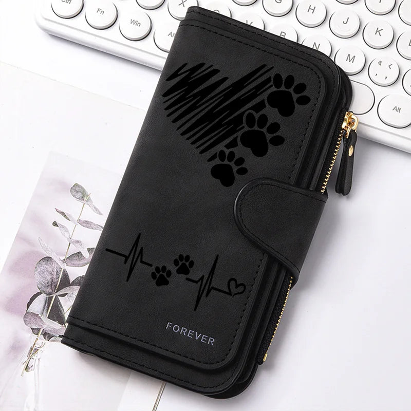 ZeAiLi Long PU Leather Clutch Wallet with Animal Paw & Butterfly Print