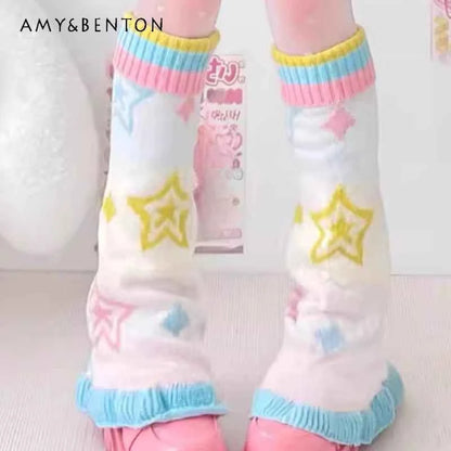 SS69 Japanese Design Y2K Knitted Flared Leg Warmers Colorful Patchwork