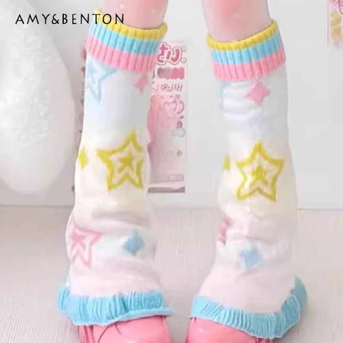 SS69 Japanese Design Y2K Knitted Flared Leg Warmers Colorful Patchwork