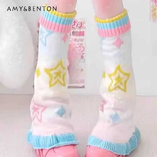 SS69 Japanese Design Y2K Knitted Flared Leg Warmers Colorful Patchwork