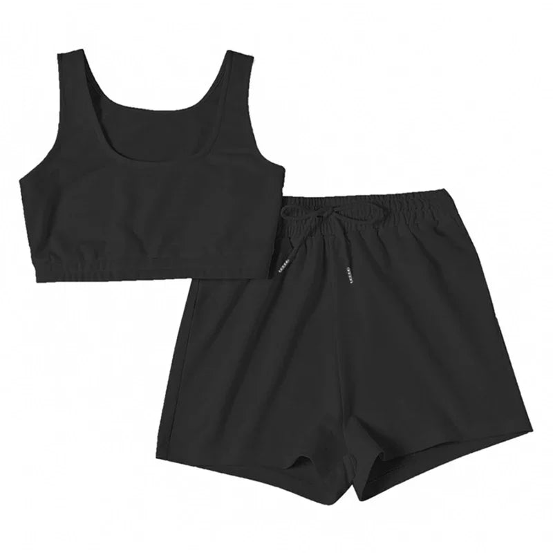 Crop Tops And Drawstring Shorts Set Sexy U-Neck Fitness Tank Top Summer Athleisure Biker Shorts Two Piece Sets Women Streetwear - SS69