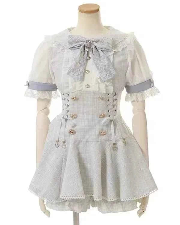 Japanese Mine Mass-Produced Short-Sleeve Shirt Dress Shorts Set Women Sweet Liz Doll Collar Bow Shirt Dress Two-Piece Suit