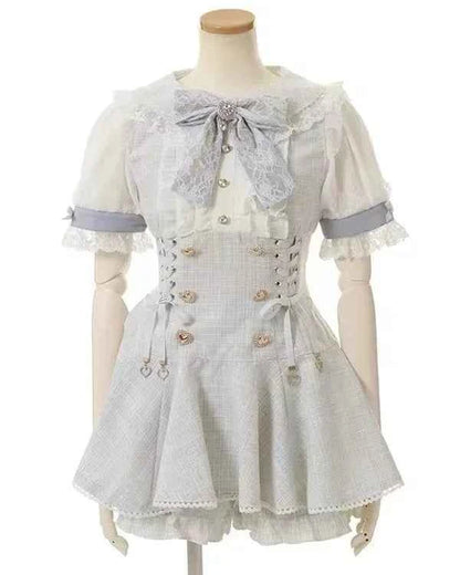 Japanese Mine Mass-Produced Short-Sleeve Shirt Dress Shorts Set Women Sweet Liz Doll Collar Bow Shirt Dress Two-Piece Suit