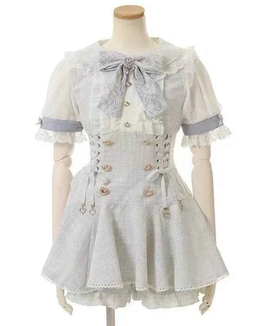 Japanese Mine Mass-Produced Short-Sleeve Shirt Dress Shorts Set Women Sweet Liz Doll Collar Bow Shirt Dress Two-Piece Suit