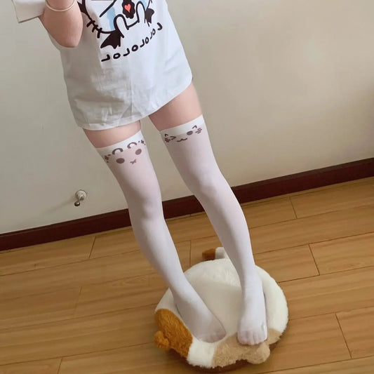 SS69 Japanese Kawaii Expression Thigh High Socks - White Plaid Over Knee