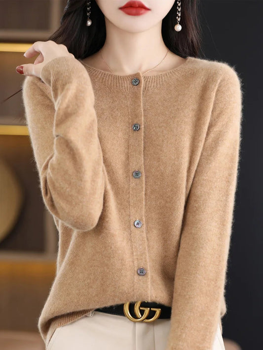 100%Merino Wool Cardigan Women's Round Neck Casual High-Quality AutumnWinter Solid Color Jacket Knit Basic Sweater Pure Wool Top SS69 23.69 goden camel / S / CHINA