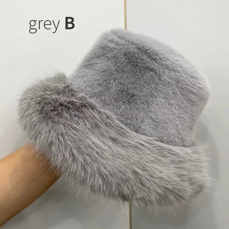 Women's Fluffy Faux Rabbit Fur Bucket Hat - Warm Plush Winter Cap