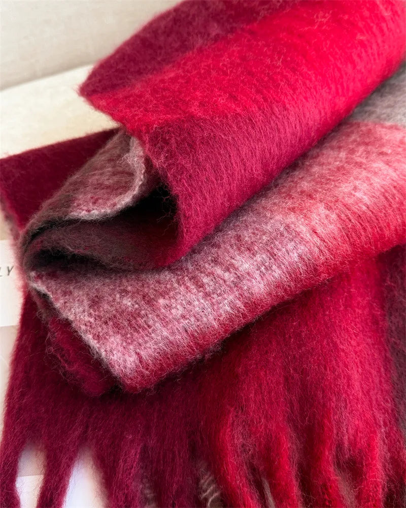 RUNMEIFACN Women's Winter Plaid Cashmere Blend Scarf with Tassels