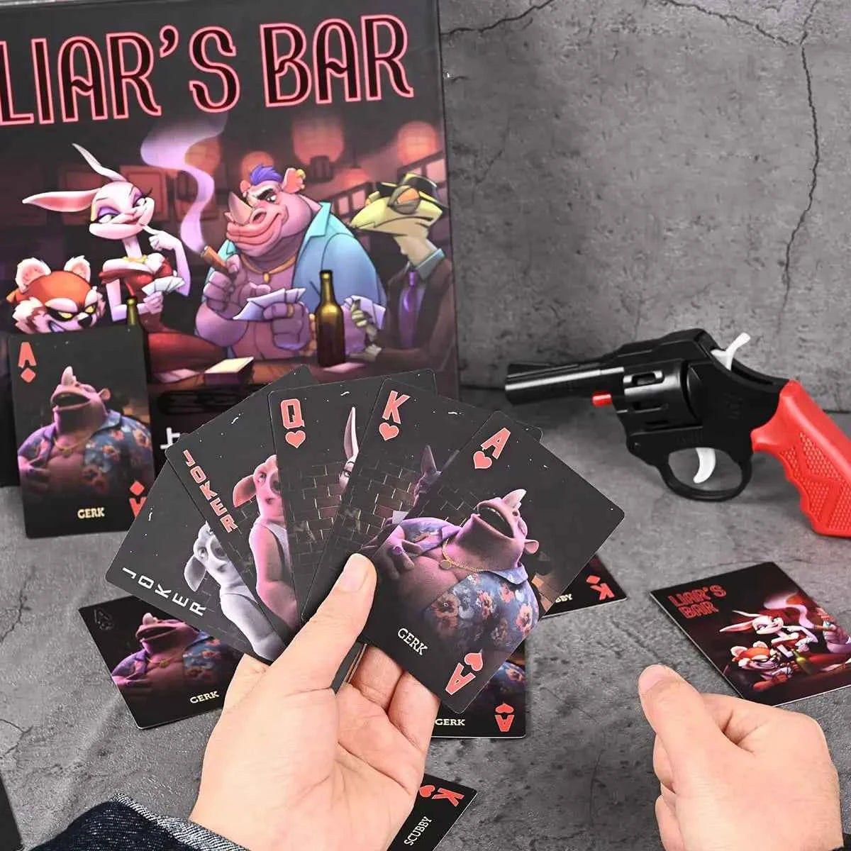 Liar's Bar Social Strategy Card Game - 20 Expertly Crafted Cards Cards with Themed Props for Holiday Parties, Family Reunions