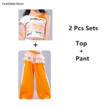 Girls K-pop Off Shoulder Crop Top Lace Cargo Pants Dance Shorts Kids Hip Hop Streetwear Children Jazz Girl Group Clothes Sets