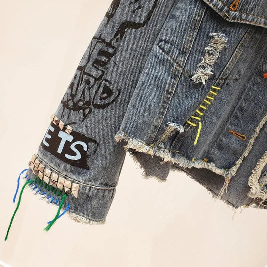 2025 Spring Autumn Women Street Fashion Graffiti Denim Jacket Female Short Frayed Raw Cut Rivet Jacket Fringe Jean Coat Outwear SS69