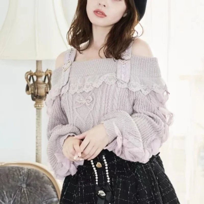 Sweet Lolita Knit Pullover with Lace Ruffles & Bows