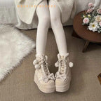 pink Sweet Winter Girls Lolita Mid-Calf Snow Boots,Cute Female Students Plush Warm Bowknots Lace Up Wedge Heel Heightening Shoes