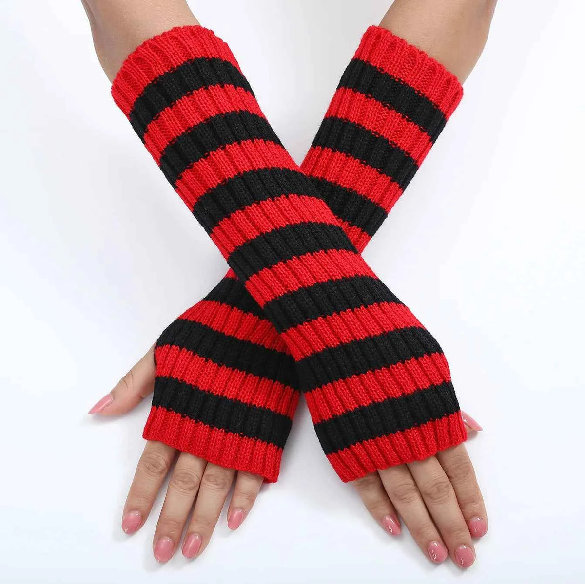 Gothic Striped Knitted Fingerless Arm Sleeves Black White Striped Winter Long Arm Warmers Girls Harajuku Y2K Wrist Gloves