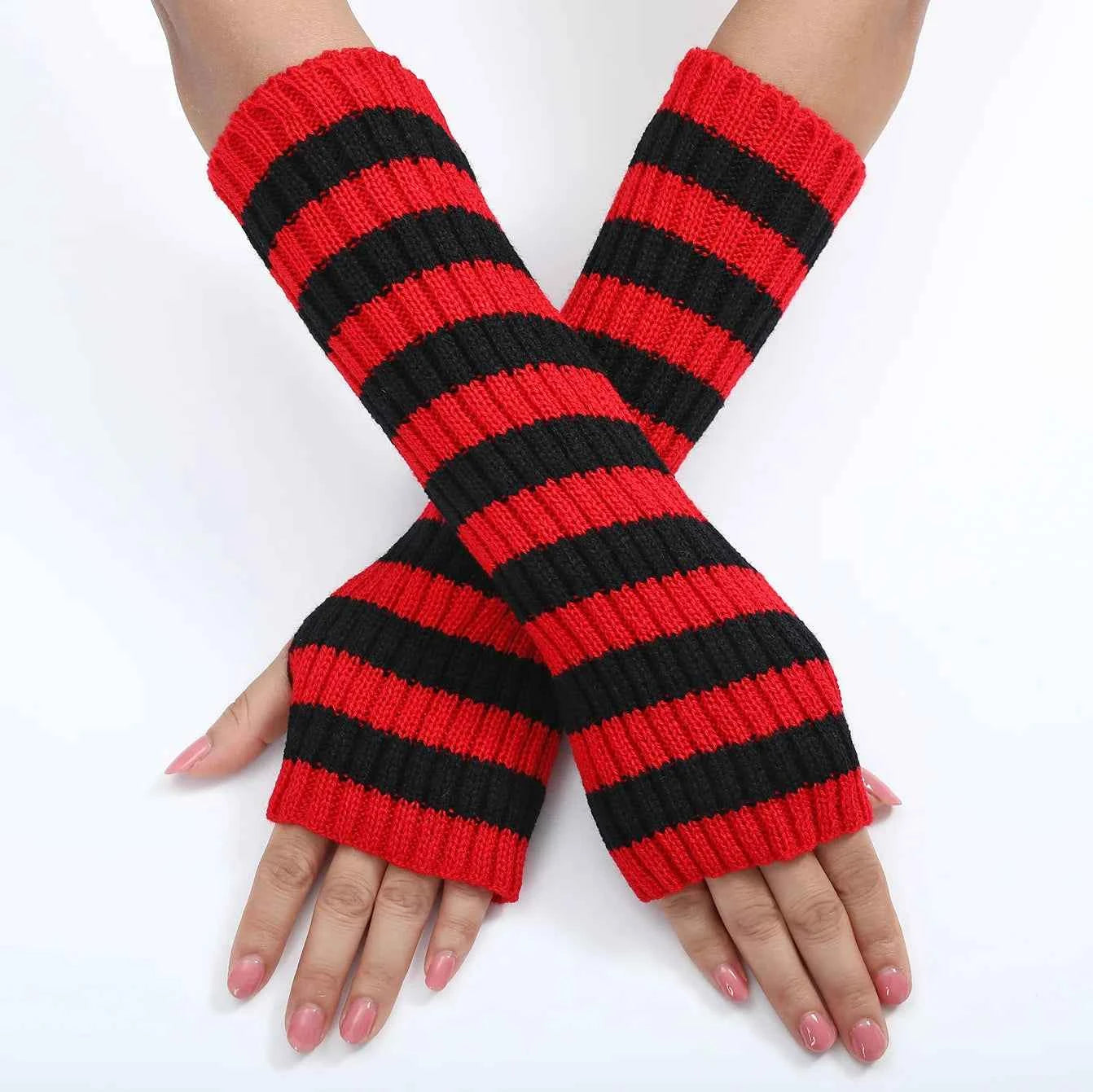 Gothic Striped Knitted Fingerless Arm Sleeves Black White Striped Winter Long Arm Warmers Girls Harajuku Y2K Wrist Gloves