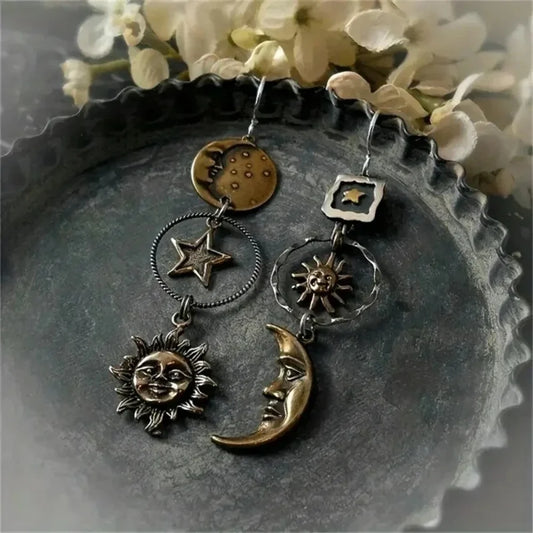 SS69 Greek Mythology Sun and Moon Asymmetric Drop Earrings, Zinc Alloy