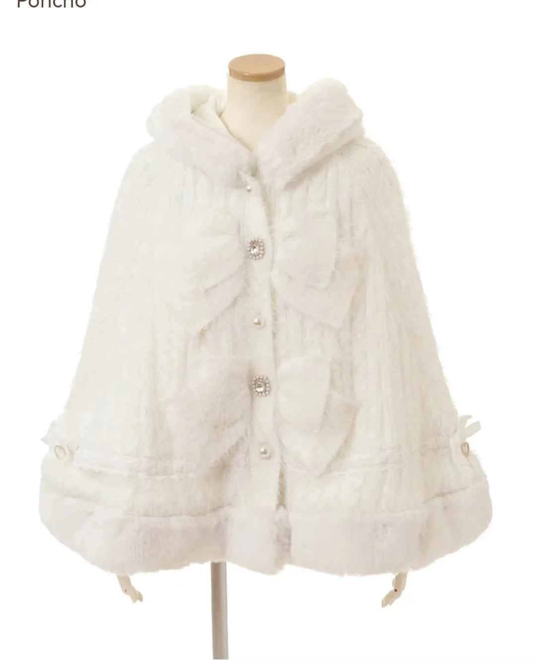 Japanese Sweet Soft Thick Women's Double-Layer Big Ribbon Hooded Knitted Cloak 3 Colors Autumn and Winter Ponchos Warm Jacket