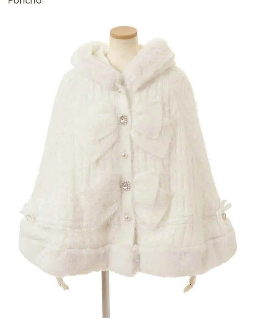 Japanese Sweet Soft Thick Women's Double-Layer Big Ribbon Hooded Knitted Cloak 3 Colors Autumn and Winter Ponchos Warm Jacket
