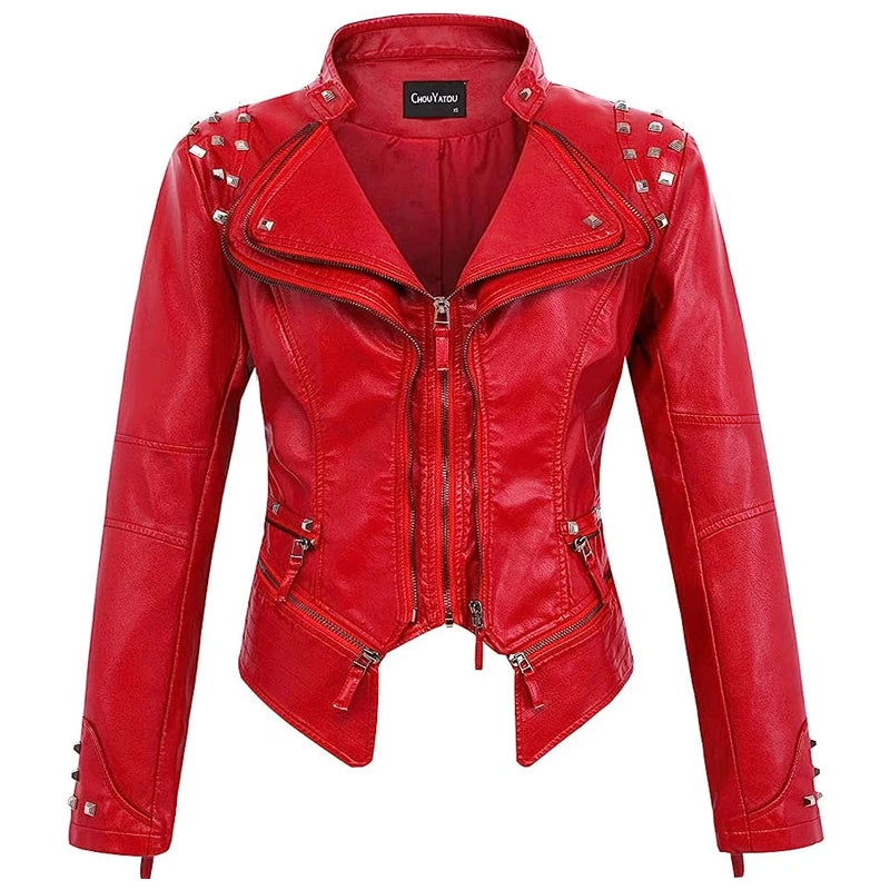 2025 Spring New Style Suit Collar Rivet Waist Short Washed Pu Leather Jacket