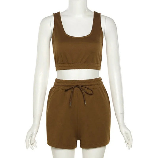 Crop Tops And Drawstring Shorts Set Sexy U-Neck Fitness Tank Top Summer Athleisure Biker Shorts Two Piece Sets Women Streetwear - SS69