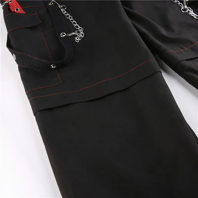 Cyber Punk Unisex Cargo Wide Leg Pants Chain Bandage Ruched Tie Capris Pants Women Gothic Baggy Trousers BF Hippie Grunge Jogger SS69