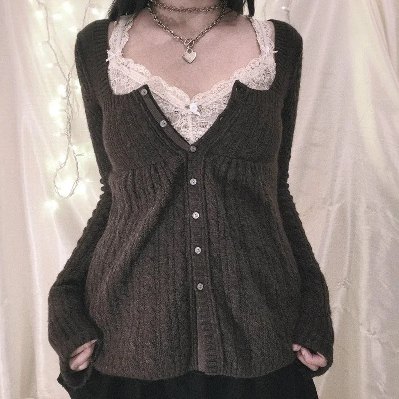 2000s Vintage Long Sleeve Babydoll Knitted Sweater Tops Cottage Milkmaid Pullovers Aesthetic Grunge Y2k Knitwear T-shirts Women SS69