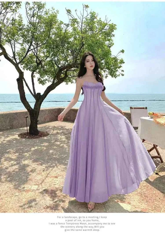 Summer Retro Purple Sexy Sleeveless Backless Ruffles Pleated Slip Dress French Women Green Elegant Party Evening Long Dress Chic