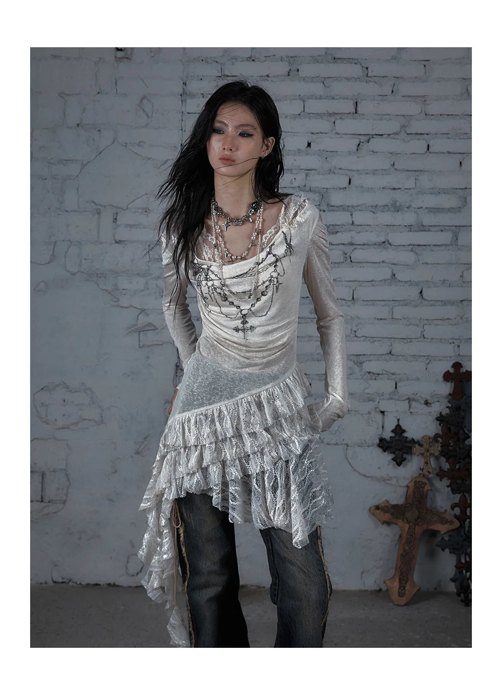 NO ROMANCE Fairy Sexy Punk Printing Half Transparent Lace Patch Knitted Long Sleeve Hooded Dresses Rock Gothic Design Vestidos SS69