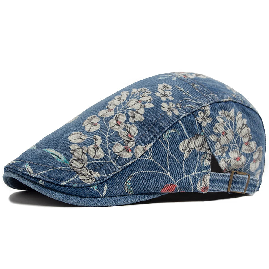 Vintage Floral Print Cotton Beret Hat - Adjustable Newsboy Cap