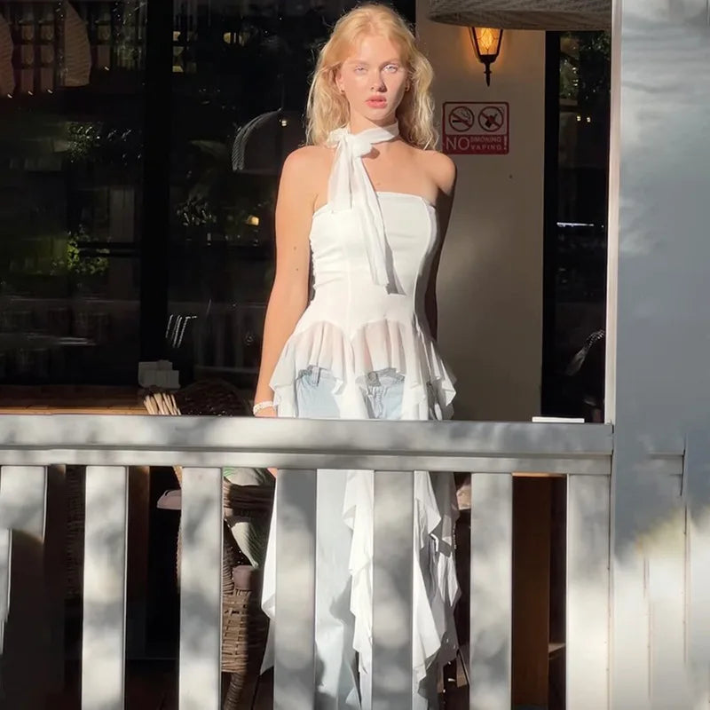 Sexy Off Shoulder Crop Tops Spring Summer Halter Sleeveless Streetwear Y2K White Solid Tank Top Casual Evening Party Club Tees SS69