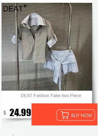 DEAT Women's Two-Piece Set Mesh Splicing T-Shirt and Denim Shorts Outfit