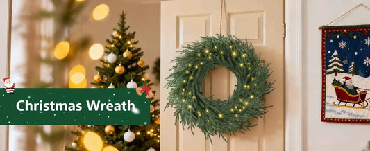 Norfolk Pine Holiday Wreath with LED Lights & Ribbon  24 Inch Battery Powered Front Door Decoration