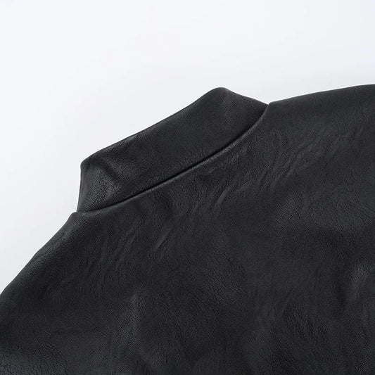 Punk Faux Leather Cropped Jacket Women Spring 2024 Streetwear Sexy Slim Fit Rivet PU Blouse Top