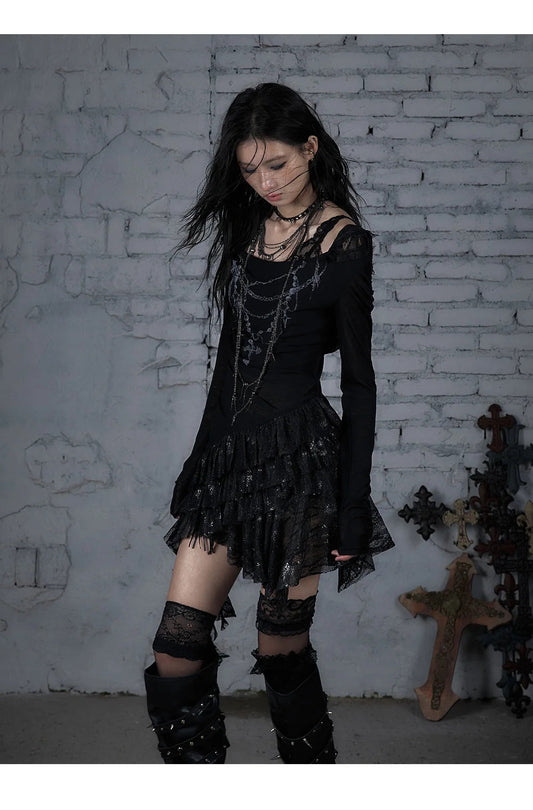 NO ROMANCE Fairy Sexy Punk Printing Half Transparent Lace Patch Knitted Long Sleeve Hooded Dresses Rock Gothic Design Vestidos SS69