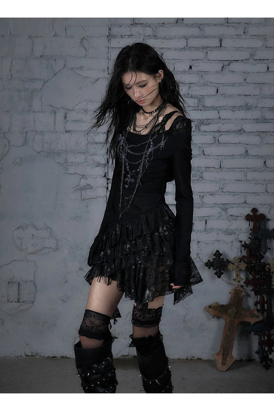 NO ROMANCE Fairy Sexy Punk Printing Half Transparent Lace Patch Knitted Long Sleeve Hooded Dresses Rock Gothic Design Vestidos SS69