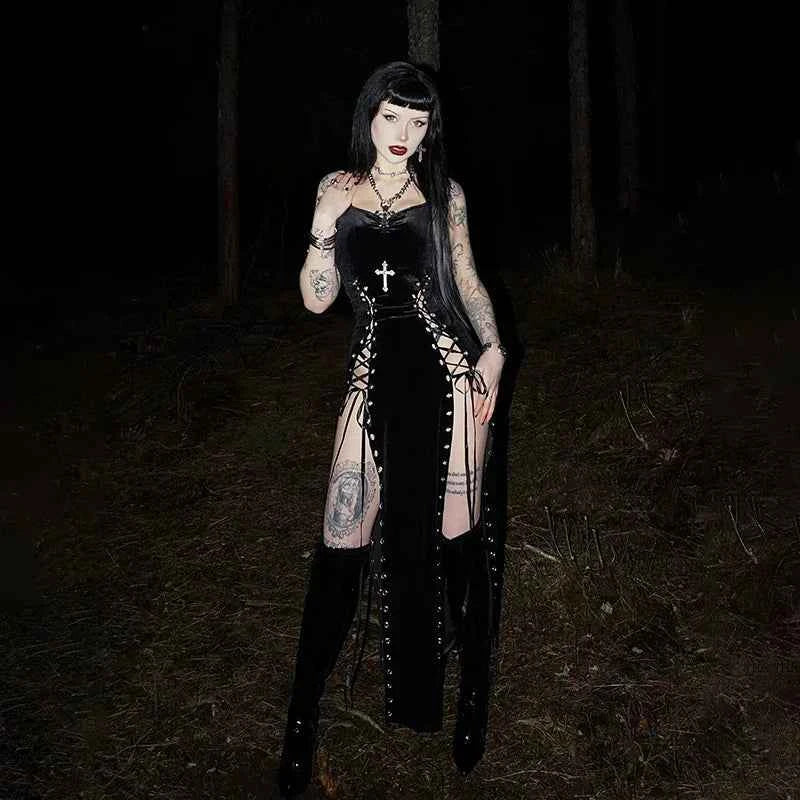 Punk Grunge High Split Hem Straps Dess 90s Streetwear Gown Women Sexy Corn Bandage Velvet Dresses Mall Gothic Clothing