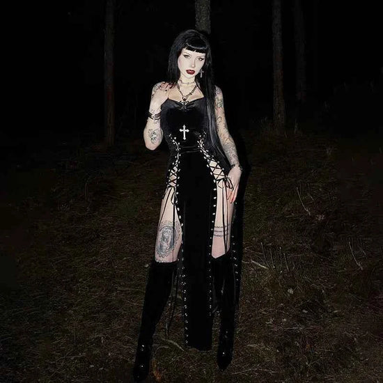 Punk Grunge High Split Hem Straps Dess 90s Streetwear Gown Women Sexy Corn Bandage Velvet Dresses Mall Gothic Clothing