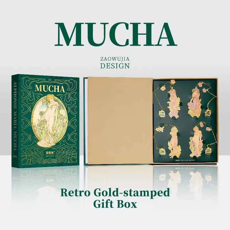 1 Set of 4 Mucha Four Flower Illustration Art Bookmark Gift Box, Literary Retro, Brass Chain Decorative Painting, Holiday Gift