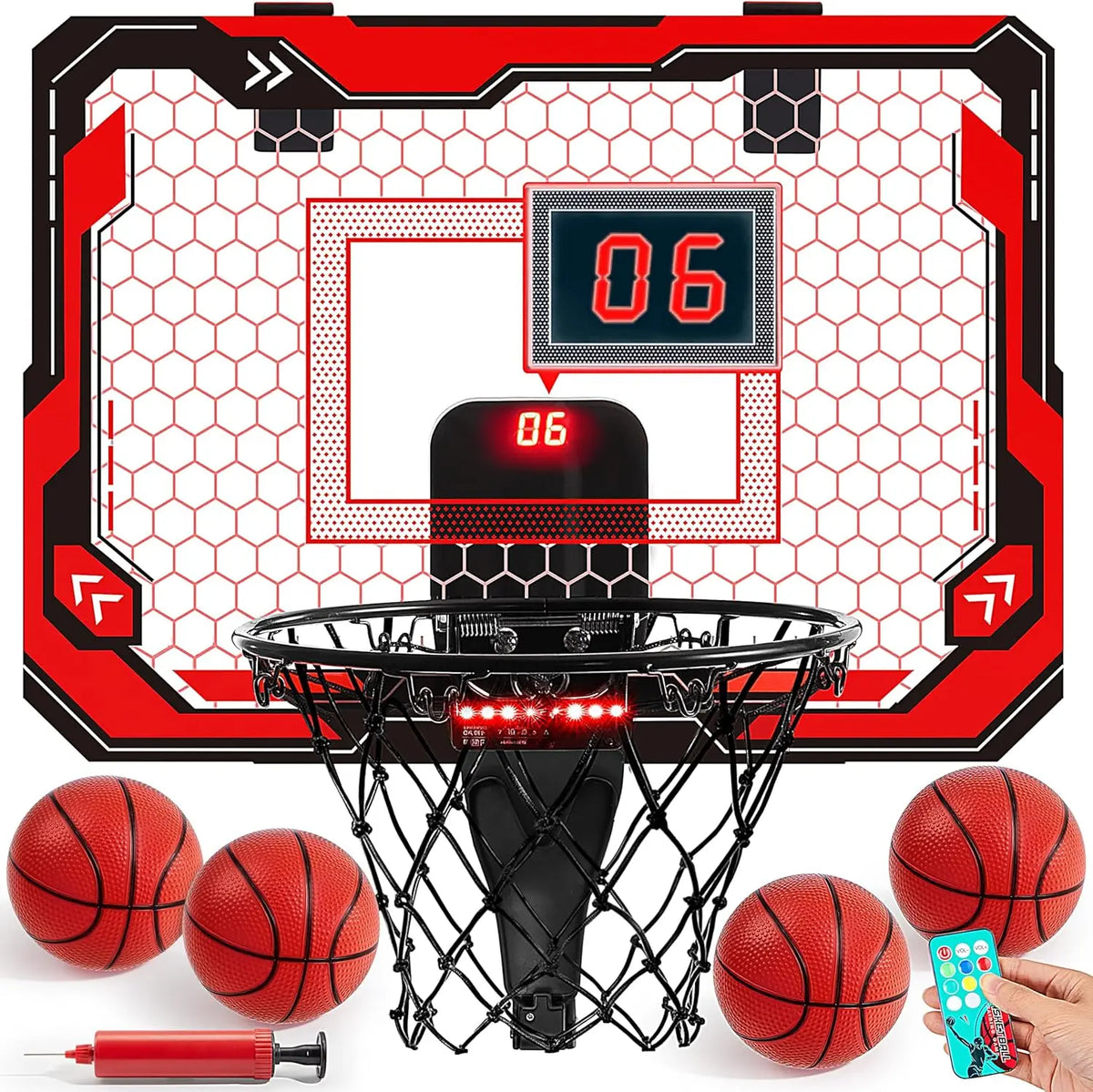 JOYFY LED Indoor Basketball Hoop Over The Door with Scoreboard and 4 Balls
