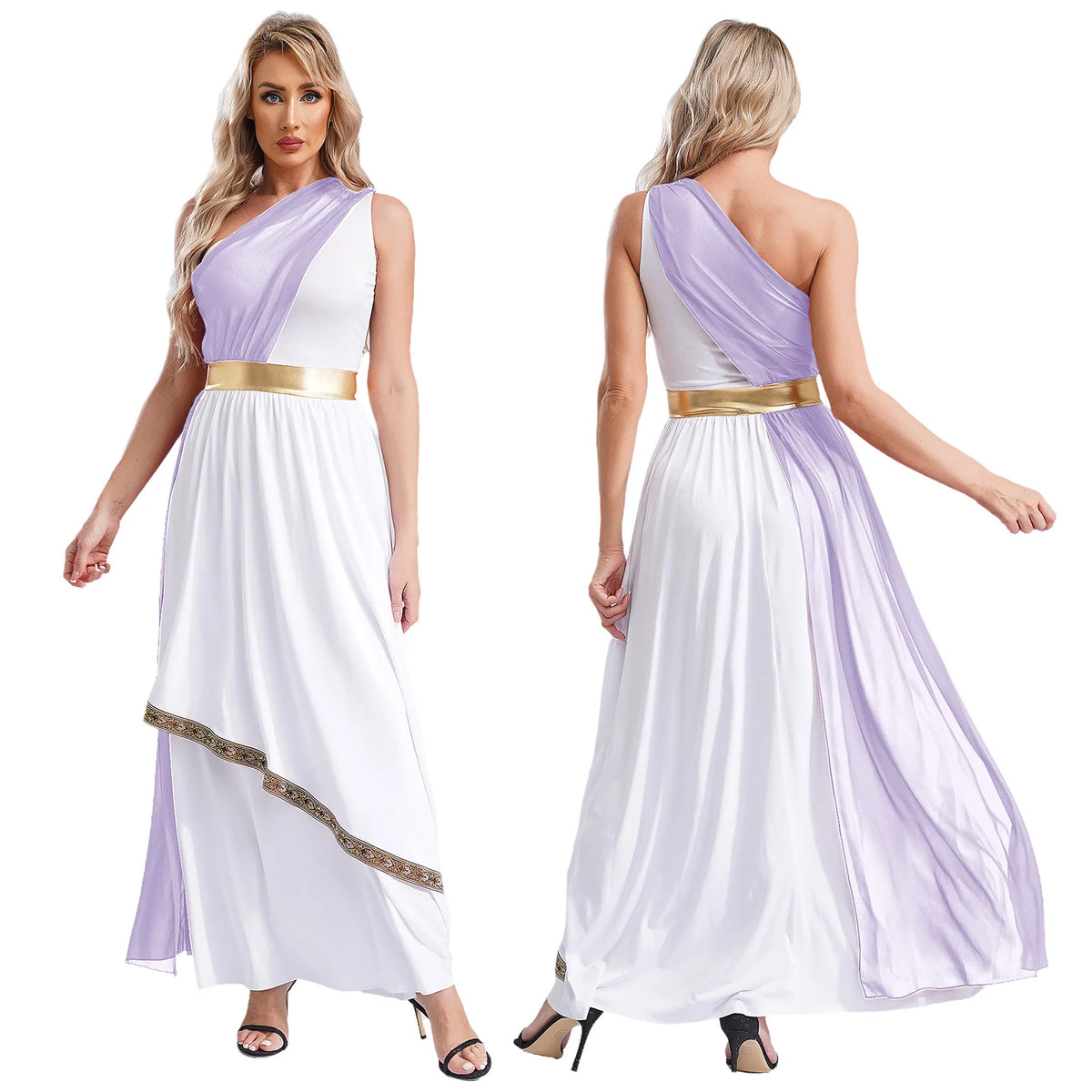 Womens One-Shoulder Greek Goddess Costume Dress with Chiffon Overlay