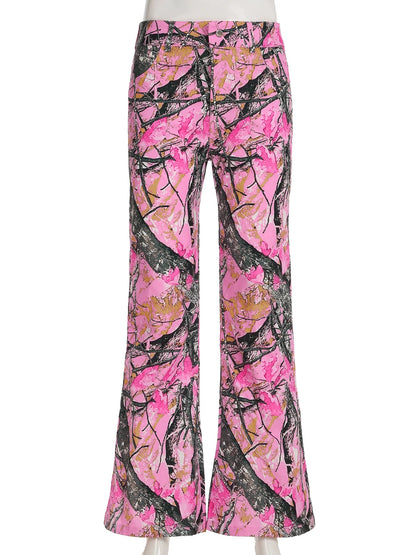 Rockmore Pink Thorn Camouflage Printed Flare Pant Casual High Street Trouser Women Y2k Clothes Autumn Aesthetic Grunge Fairycore SS69